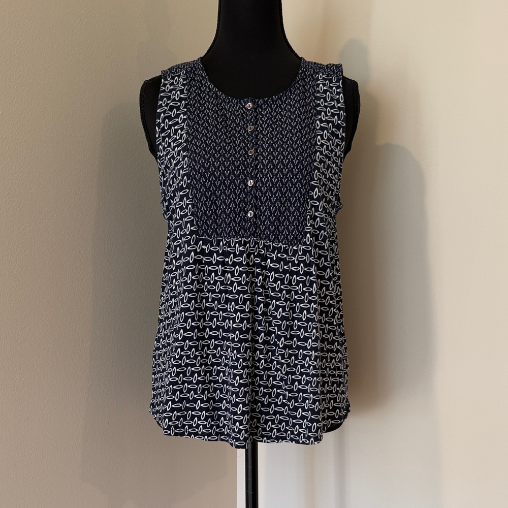 LOFT Navy and White Mixed Print Sleeveless Button Yoke Camisole